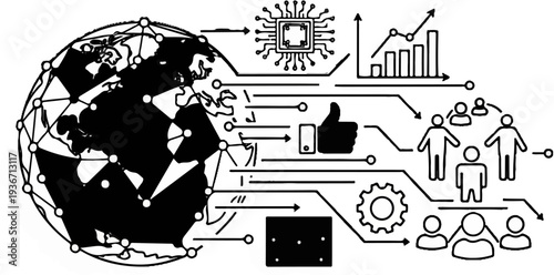 Global network connection with data processing, social interaction, and analytics