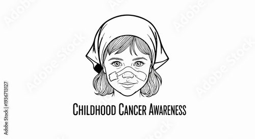 Ink drawing of child with nasal cannula, scarf