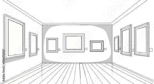 Line drawing of an empty art gallery interior with framed pictures on walls