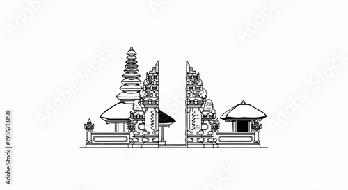 Ornate tiered temple gate structure with flanking shelters and pagoda