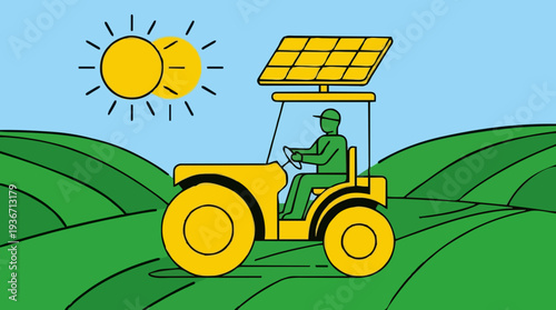 Farmer Driving Yellow Tractor with Solar Panel Roof on Green Rolling Hills Under Bright Sun