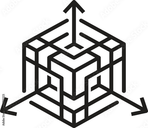 Abstract geometric cube with coordinate arrows vector illustration black line art for technical and dimensions design