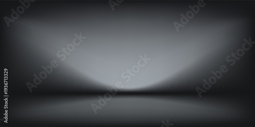 Black studio room. Limbo dark grey spotlight background. Abstract 3d backdrop for product presentation. Minimal wall scene. Showcase, promotion display. Vector stage mockup illustration