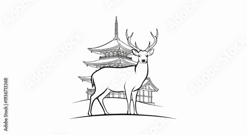 Elegant deer stands before a tiered temple structure, evoking serene nature