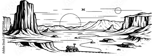 Extraterrestrial landscape with rover exploring, under alien sun and moons