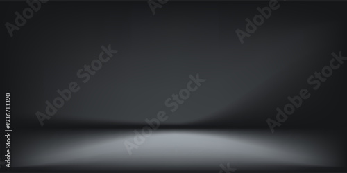 Black studio room. Limbo dark grey spotlight background. Abstract 3d backdrop for product presentation. Minimal wall scene. Showcase, promotion display. Vector stage mockup illustration