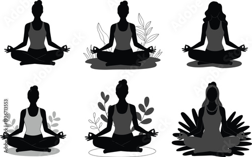 Women yoga meditation silhouettes set, female practicing lotus pose with nature elements for wellness mindfulness and relaxation concept
