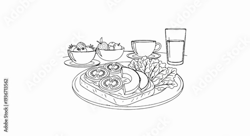 Sketch of a healthy breakfast with toast, fruit, coffee, and a glass of water