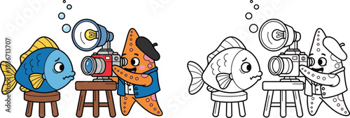 Cute Cartoon Starfish Photographer with Fish Model Creative Underwater Scene