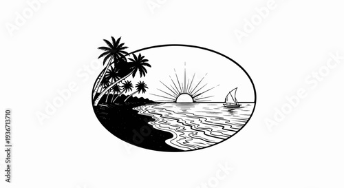 Tropical beach scene with palm trees, a sailboat, and a sunburst over the ocean