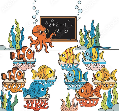 Cartoon Octopus Teacher and Fish Students Underwater Math Class Coloring Page