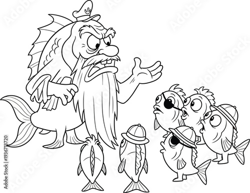Angry King Neptune Fish Scolding Little Fish Humorous Undersea Coloring Page