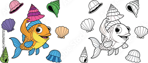 Cute Cartoon Fish with Colorful Seashells Underwater Life Coloring Page