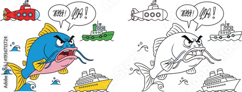Angry Giant Fish Yelling at Ships Humorous Ocean Commotion Coloring Page
