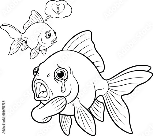 Sad Goldfish with Broken Heart Emotional Coloring Page for Reflection