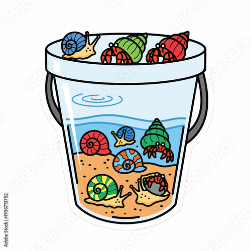 A bucket filled with snails and hermit crabs