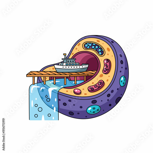 A cartoon boat on a wooden platform inside a cell