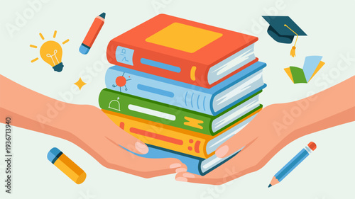 Hands holding stack of colorful books surrounded by stationery and graduation cap on white background
