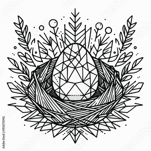 Geometric egg in a nest surrounded by leaves and circles, black and white design
