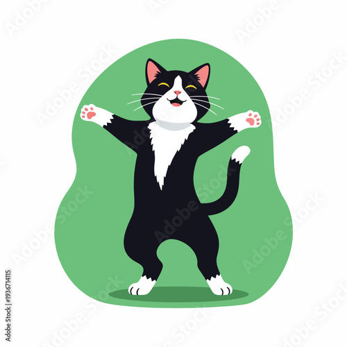 A cartoon black and white cat standing on its hind legs