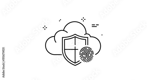 Abstract Cloud Computing Security with Fingerprint and Shield Icon, isolated white background