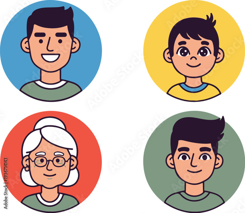 Multi generational family portrait illustration flat design vector happy diverse group
