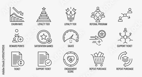 Customer Retention Analytics Line Icons Set for Business Strategy in bright studio