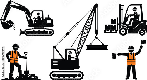 Professional Construction and Industrial Machinery Icon Set Featuring Excavator, Crawler Crane, Forklift, and Workers with High-Visibility Safety Vests
