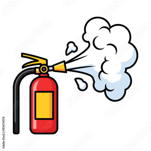 A cartoon fire extinguisher spraying white smoke