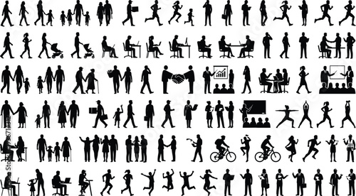 Mega Collection of People Silhouettes Featuring Diverse Activities Including Business, Family Life, Sports, Fitness, Medical, and Construction Professionals