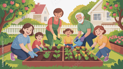 Family gardening together in a lush backyard with raised beds and blooming trees intergenerational bonding moment