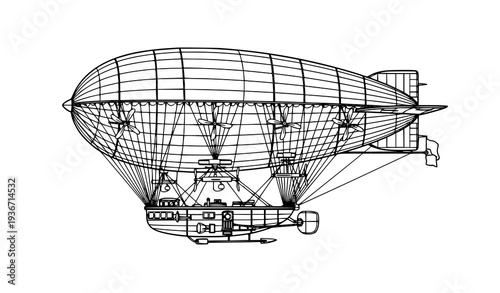 Classic vintage airship technical illustration vector blueprint