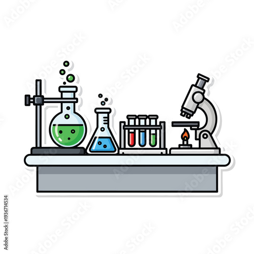 A cartoon lab setup with various scientific equipment
