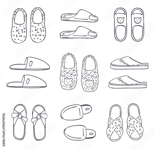 Set of hand drawn house slippers line art. Cozy indoor footwear doodles including fluffy and cute animal styles. Vector illustration for home comfort, spa, and relaxation themes.