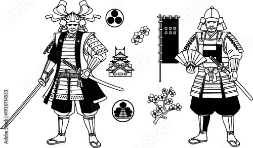 Two Japanese warriors in traditional armor with swords and fans