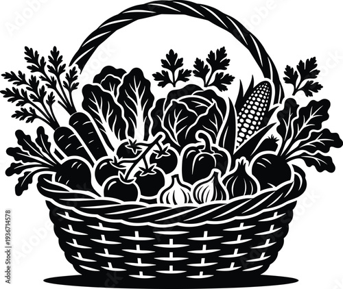 Detailed Illustration of a Wicker Basket Filled with Fresh Vegetables Featuring Carrots, Tomatoes, Corn, Bell Peppers, Onions, and Leafy Greens in a Flat Vector Style