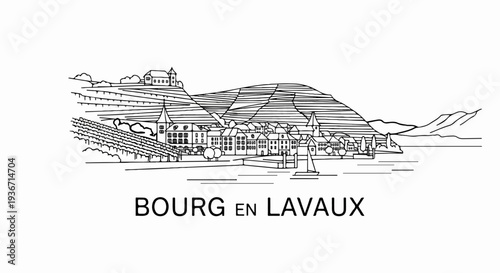 Village on a hillside overlooking a lake, with vineyards and mountains