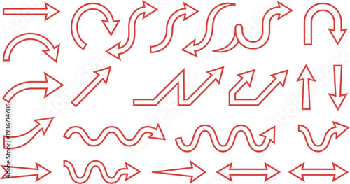 Collection of red arrows with diverse styles including straight, curved, wavy, zig-zag, and loop shapes, indicating direction, movement, progress, change, and flow