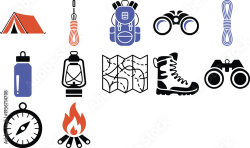 Set of Camping and Hiking Gear Icons Vector Design Elements
