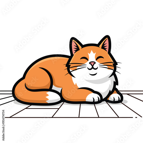 A cartoon orange cat with white paws and chest lying on floor
