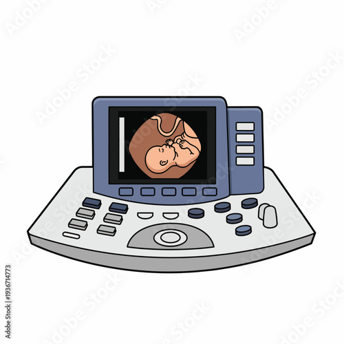 A cartoon ultrasound machine with a baby on the screen