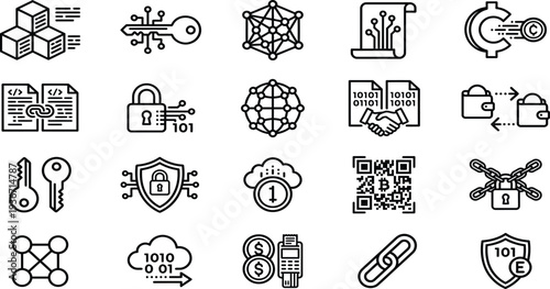 Modern flat icon set for fintech and cryptocurrency concepts including blockchain technology digital currency and security elements
