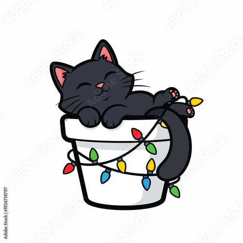 A black cat sleeps on a white bucket adorned with colorful Christmas lights