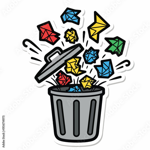 A cartoon trash can ejects colorful papers