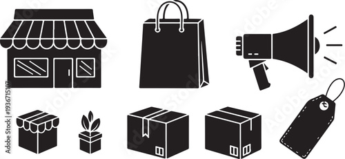 Black and white shopping icons and packaging symbols illustration