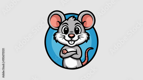 Cartoon mouse character with confident gesture standing upright with folded arms against blue circular background