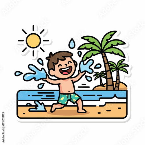 A cartoon boy plays on a beach