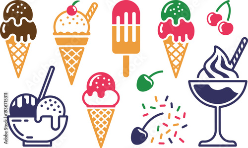 Colorful Ice Cream Illustrations with Toppings and Sprinkles Vector Design Elements