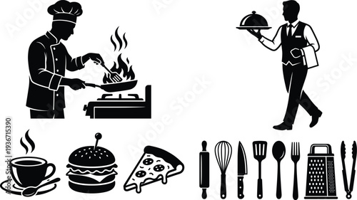 Detailed Illustration of Culinary and Restaurant Icons Featuring Chef Cooking, Waiter Serving, Fast Food, and Kitchen Utensil Symbols