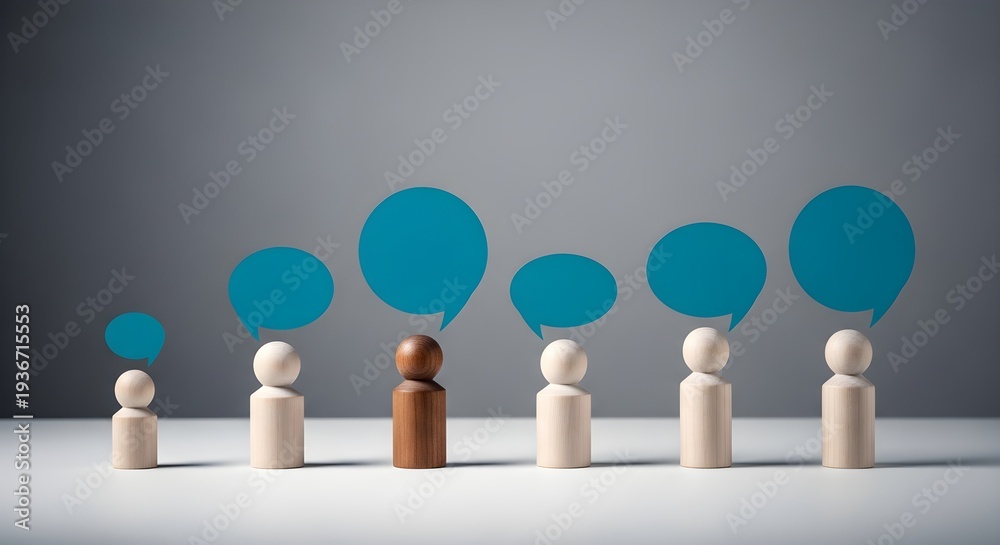 Obraz premium A group of wooden figures standing in a line with blue speech bubbles above them on a gray background with a white surface.